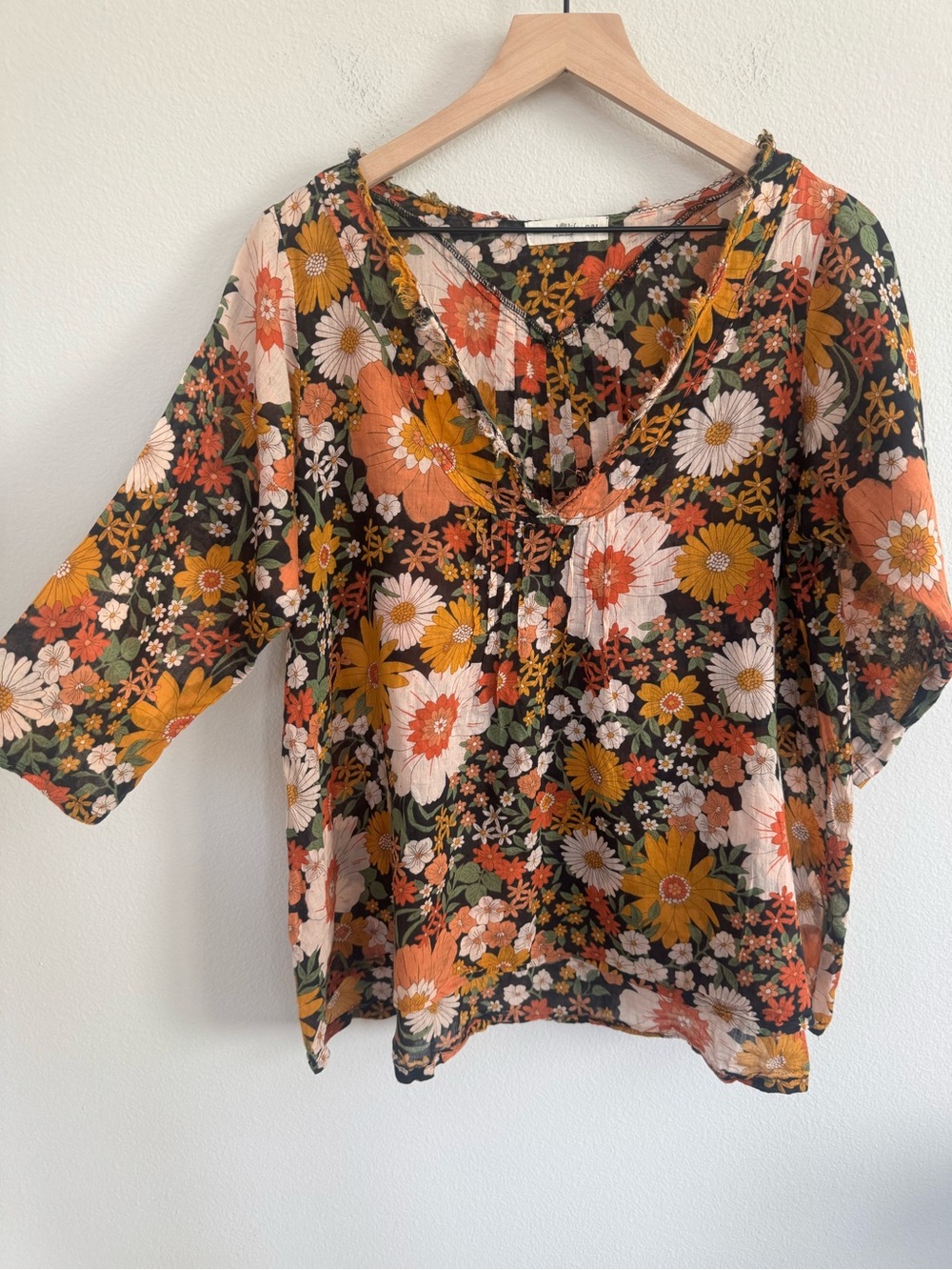 Natural Life 100% Cotton Boho Floral Tunic Top Raw Neckline Hippie Small/Medium